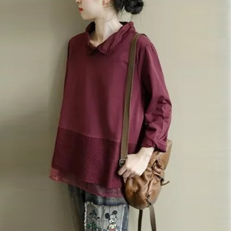 簡約．拼接蕾絲長袖上衣 寬鬆套頭襯衫