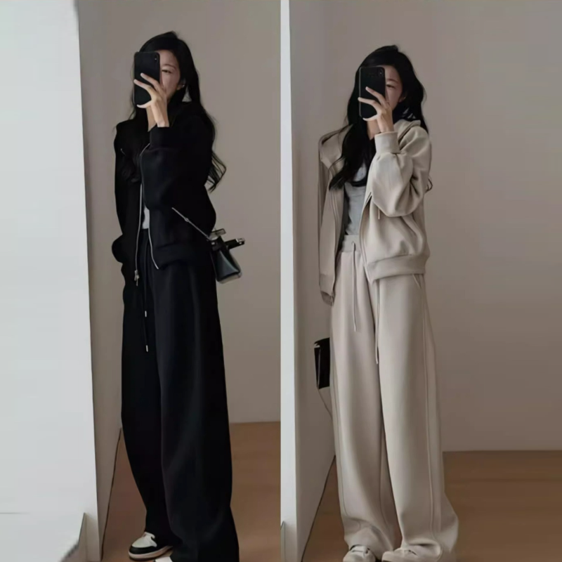 韓系·運動休閒套裝-連帽外套 鬆緊腰寬褲兩件組 簡約高級感穿搭