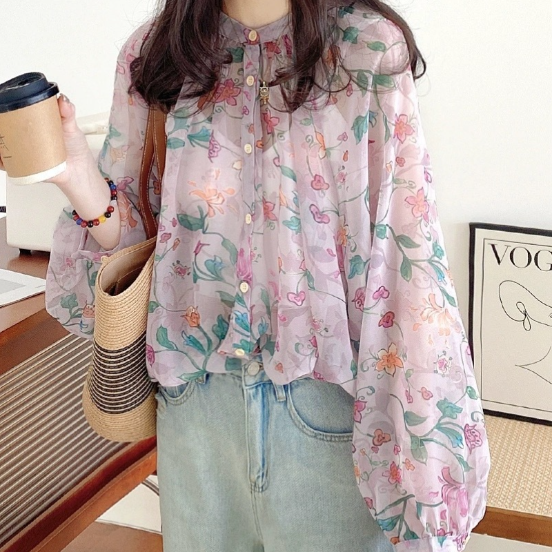 嘖嘖長袖罩衫 寬鬆碎花燈籠袖 薄紗防曬長袖