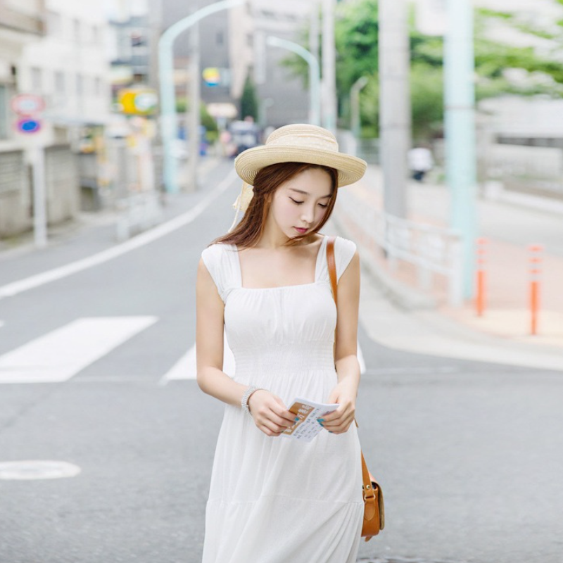 高腰吊帶雪紡拼接純色洋裝