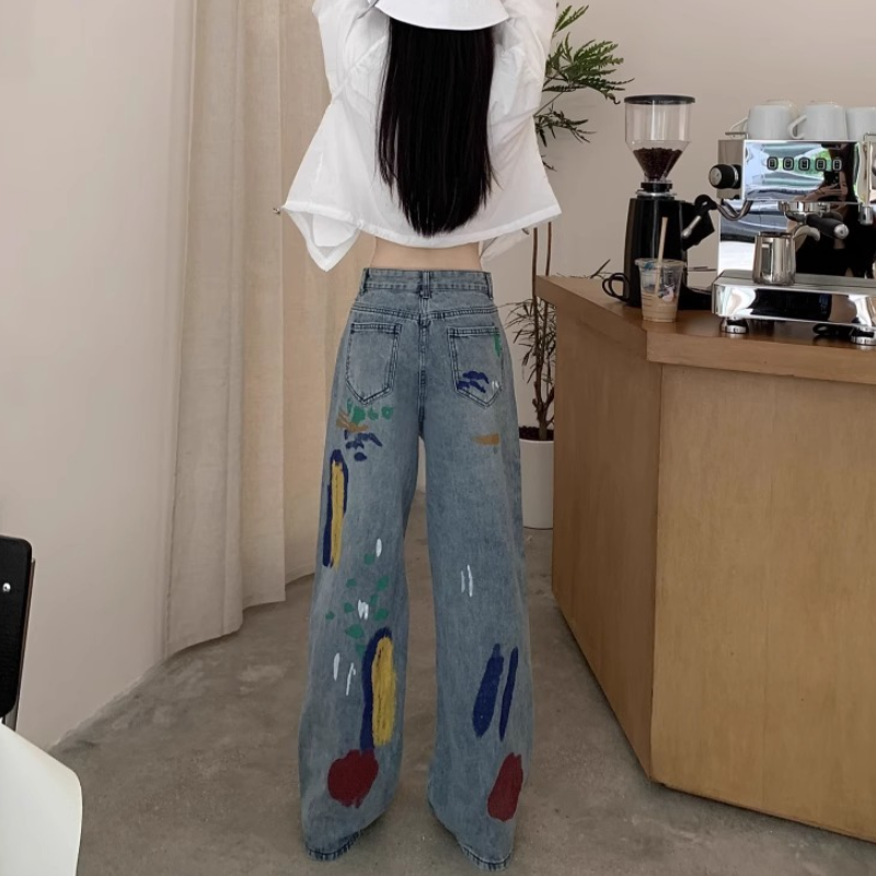 韓系 ‧ 彩色塗鴉牛仔長褲(中性風格男女可穿) 寬鬆破洞牛仔褲 高腰設計直筒寬褲