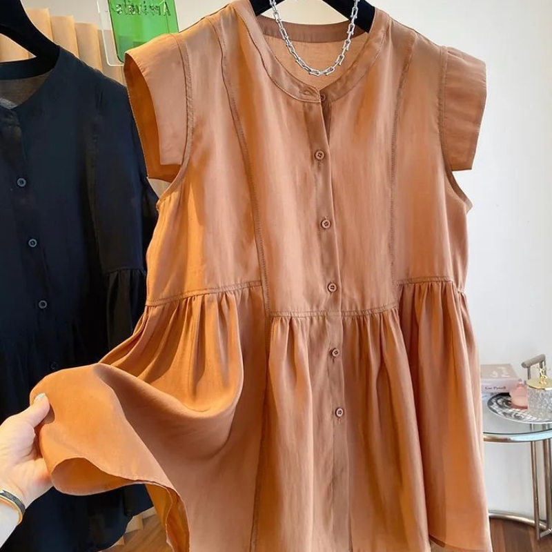 韓版 寬鬆 休閒 輕奢 小眾 天絲 中長下擺 蓬蓬 無袖 襯衫