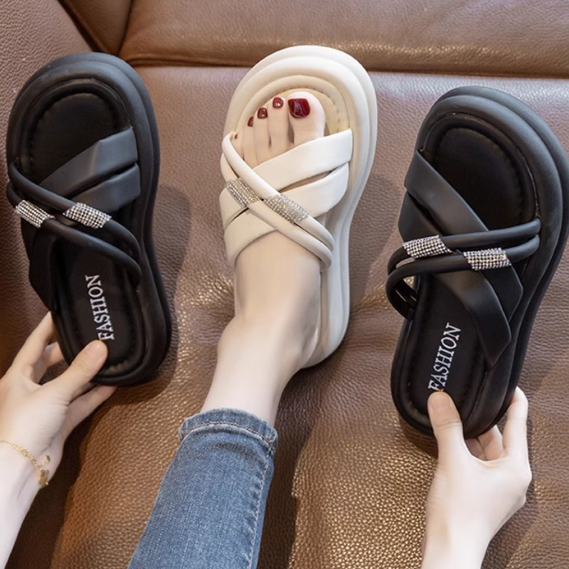 自訂韓版高級感水鑽厚底沙灘鞋 夏季外穿軟底防滑涼鞋