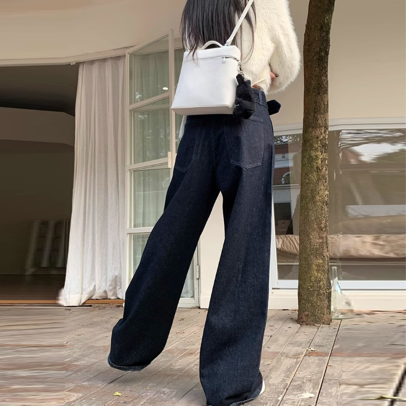 韓系 ‧ 復古腰帶設計感寬腿牛仔褲