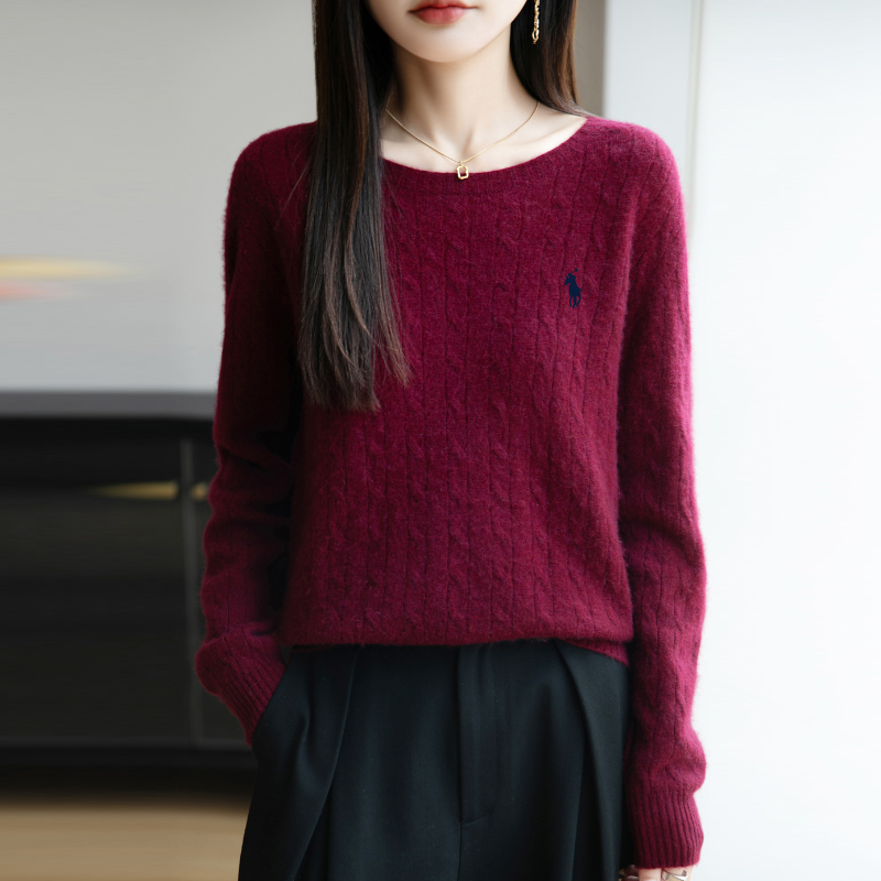 麻花圓領針織上衣 無縫一體 成型舒適 長袖寬鬆 秋冬內搭