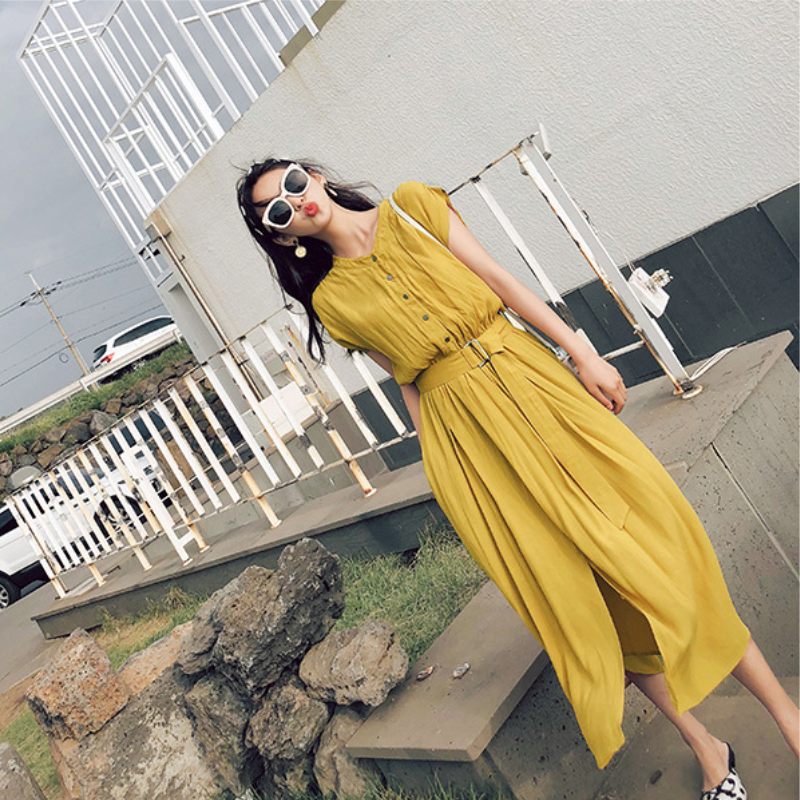 韓系優雅 OL穿搭 素面 短袖 高腰 Ａ字裙 壓褶 休閒長洋裝