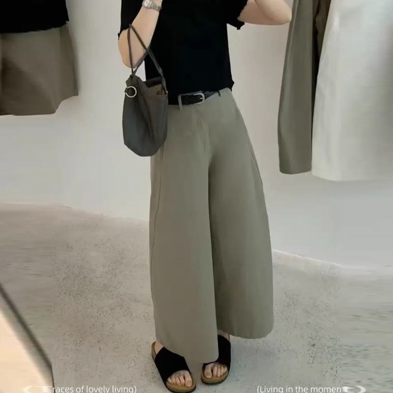 純棉韓系九分立體剪裁休閒寬褲 高腰簡約顯瘦休閒