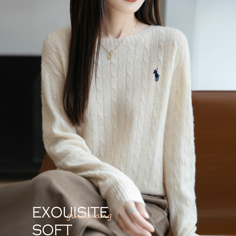 麻花圓領針織上衣 無縫一體 成型舒適 長袖寬鬆 秋冬內搭