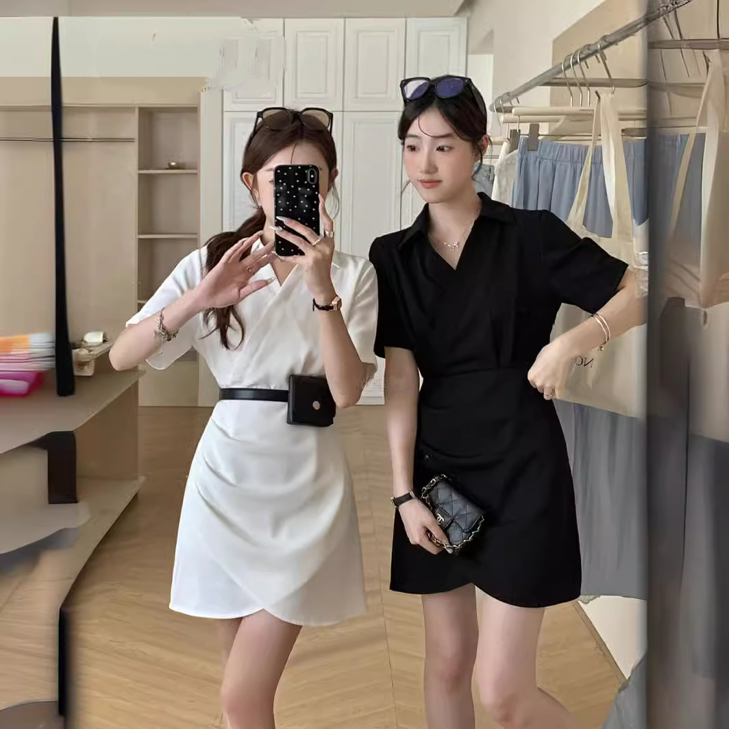 毆膩同款 韓國自訂 夏季設計感不規則褶皺開叉顯瘦襯衫洋裝