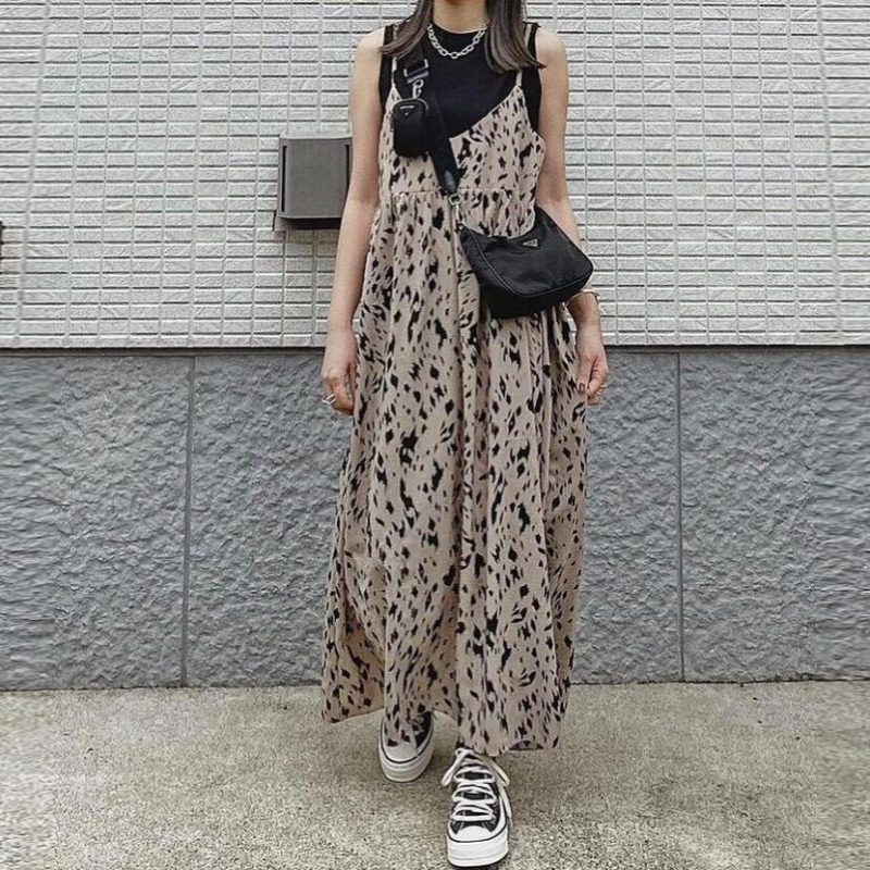 簡約日系豹紋吊帶連身裙-寬鬆顯瘦 夏日必備時尚單品