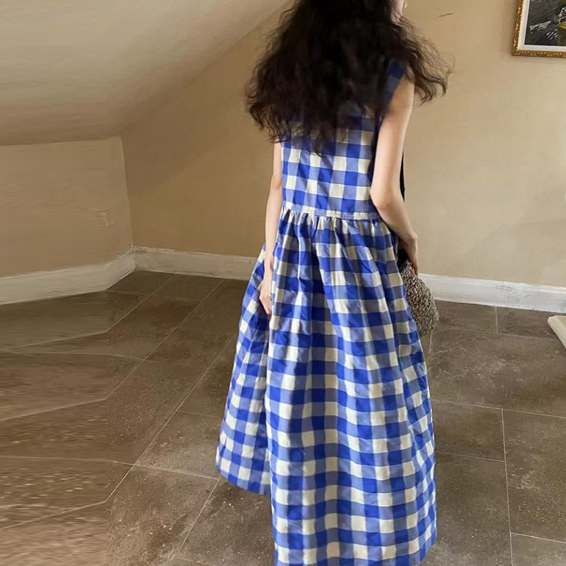 簡約．藍色格子無袖連身裙
