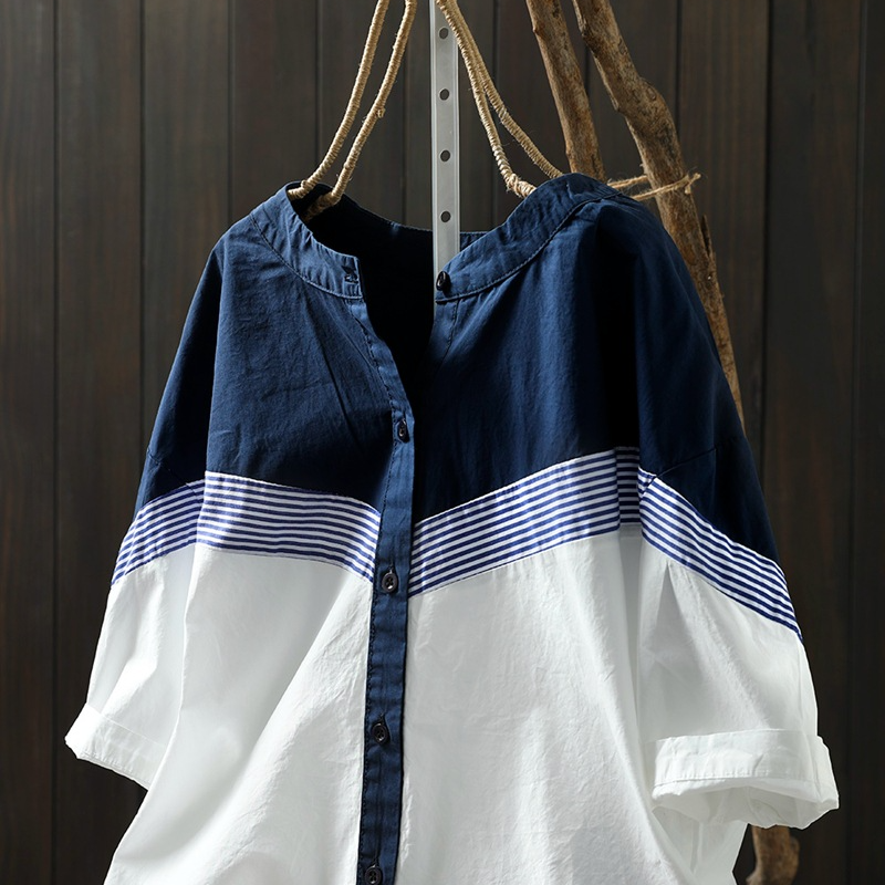 溫柔好感 撞色 拼接 立領 條紋 設計感 寬鬆 休閒 氣質 純棉 短袖 襯衫