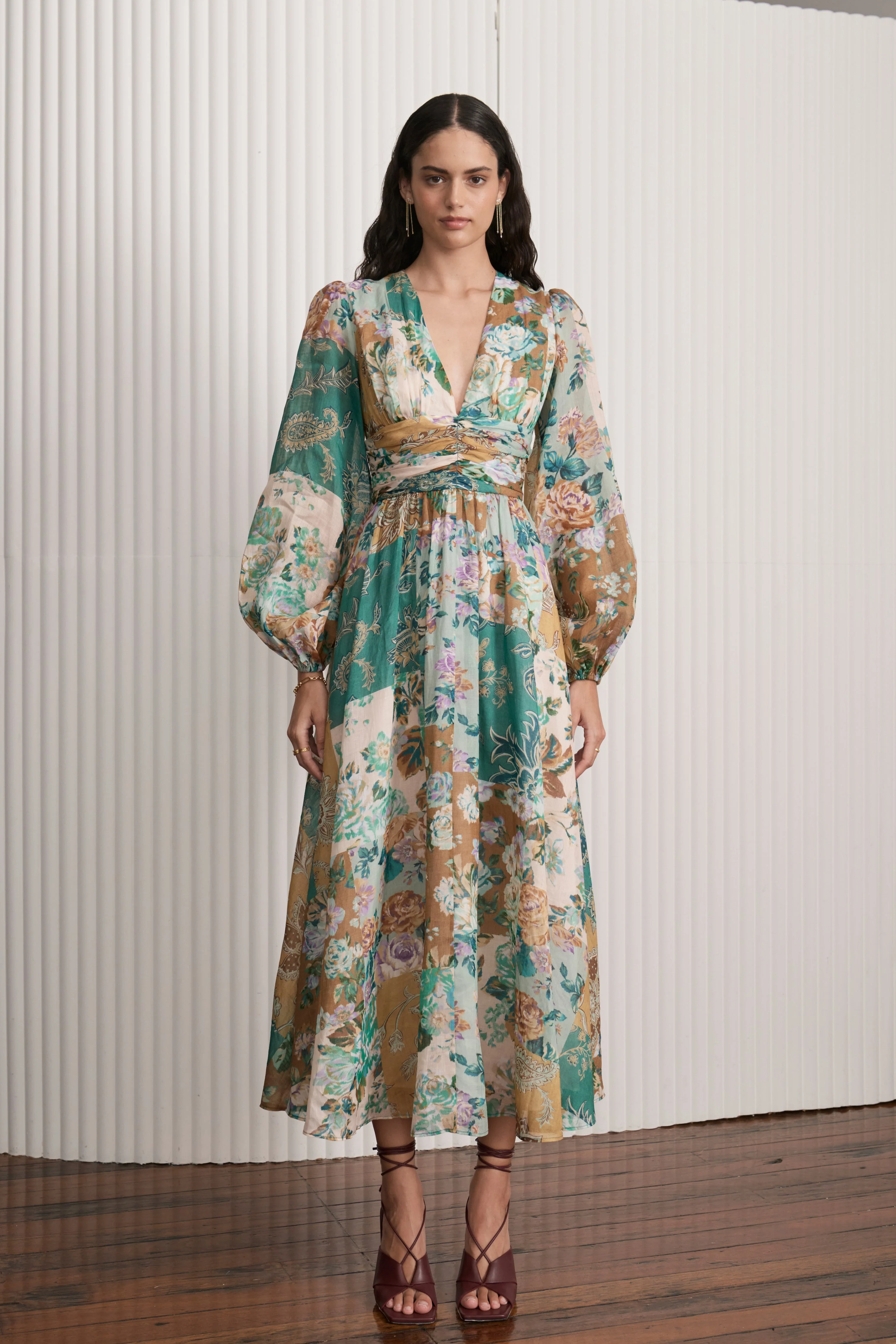 Printed Long Sleeve V-Neck Midi Dress