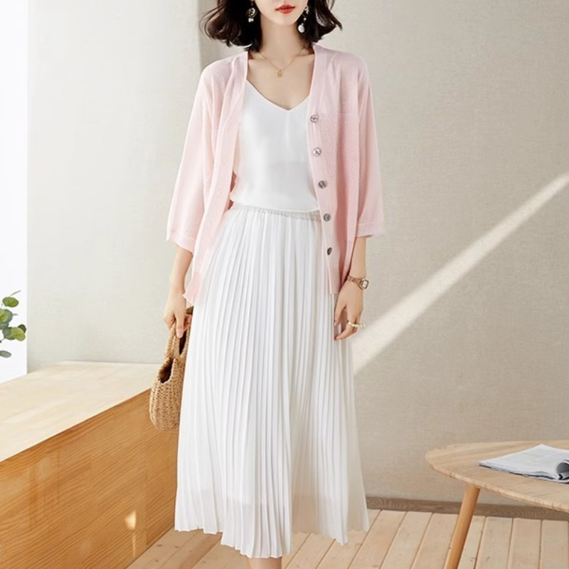 百搭休閒防曬罩衫 冰絲針織開襟衫 披肩配裙子吊帶外搭罩衫