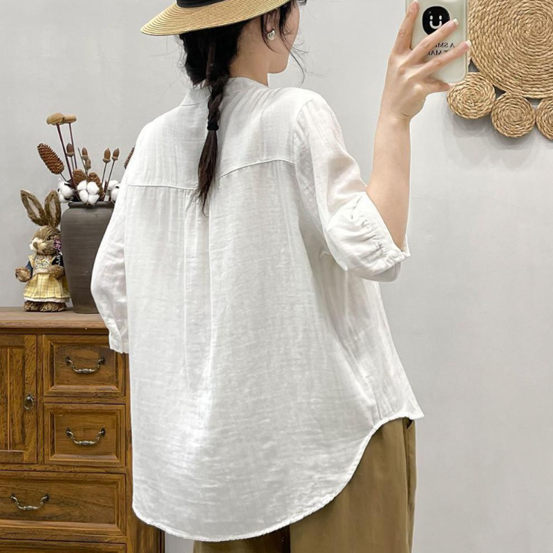 韓版 復古 小V領 寬鬆 休閒 簡約 七分袖 襯衫