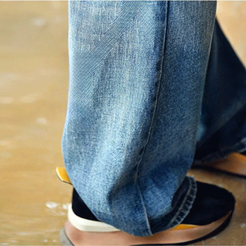 日韓高腰闊腳牛仔褲 文藝水洗磨白大長腿高腰 拖地褲寬鬆直筒牛仔長褲