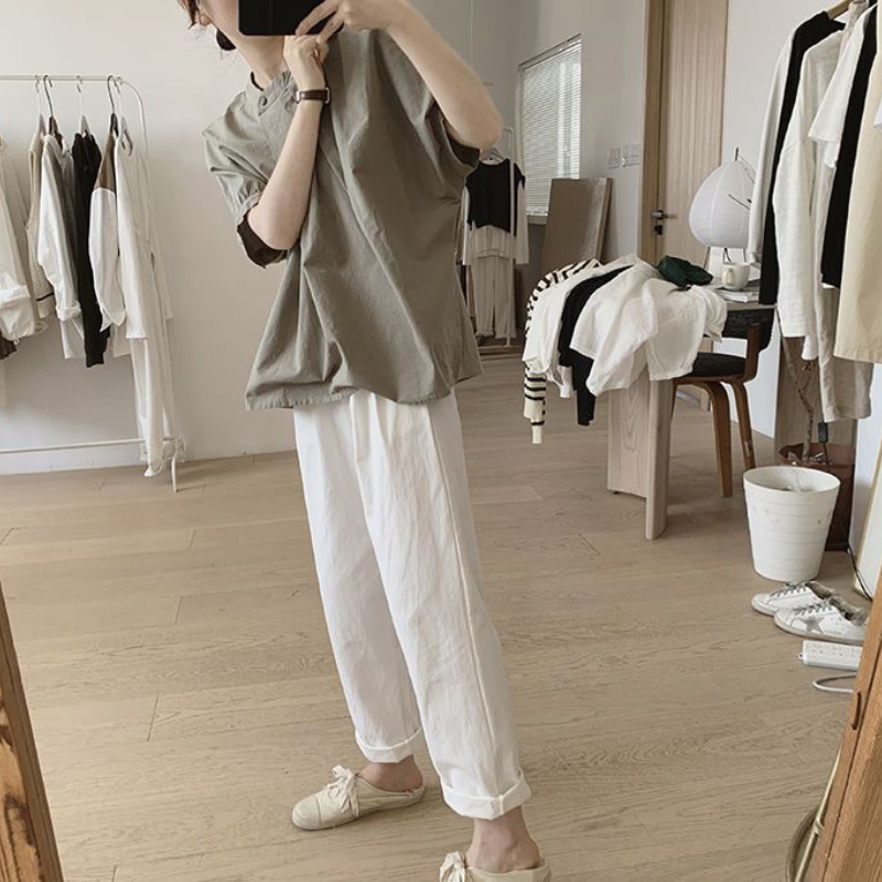 韓系chic 立領 壓褶 不規則 素面 簡約 襯衫