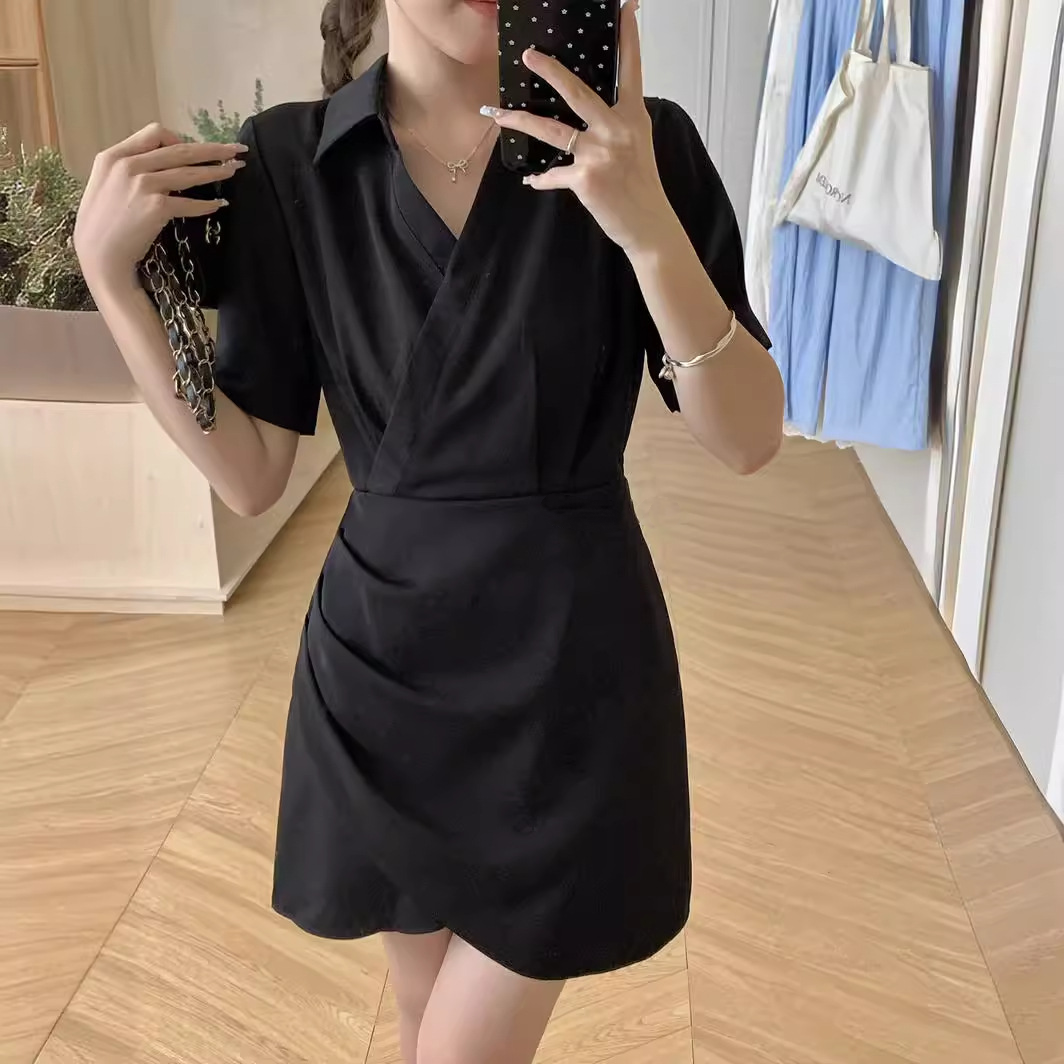 毆膩同款 韓國自訂 夏季設計感不規則褶皺開叉顯瘦襯衫洋裝