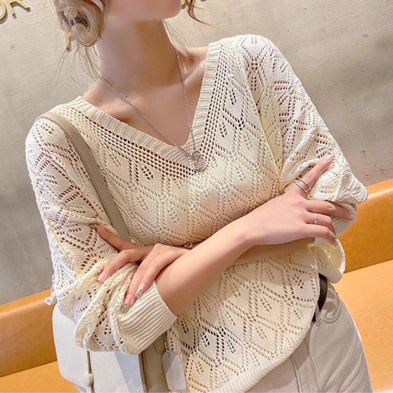 韓系鉤花針織罩衫 冷氣房冰絲鏤空防透蝙蝠袖上衣