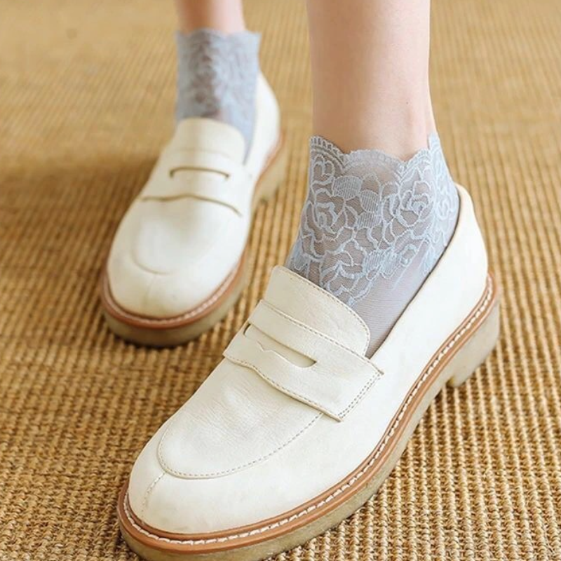 夏季透氣深口蕾絲襪子 隱形吸汗日系花邊短襪網紗透氣 超薄棉底防滑襪 搭配單鞋