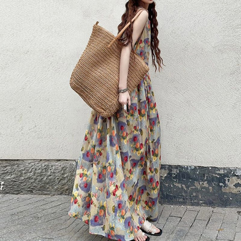 油畫風復古休閒印花韓版A字無袖長洋裝