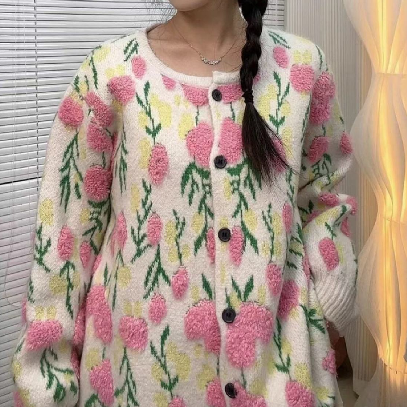 簡約 ‧ 甜美立體花朵針織外套秋冬復古提花