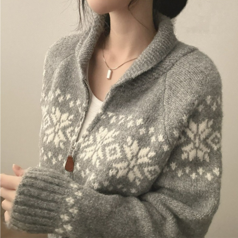 復古甜美提花寬鬆百搭雙頭拉鍊針織開衫-Cicimode