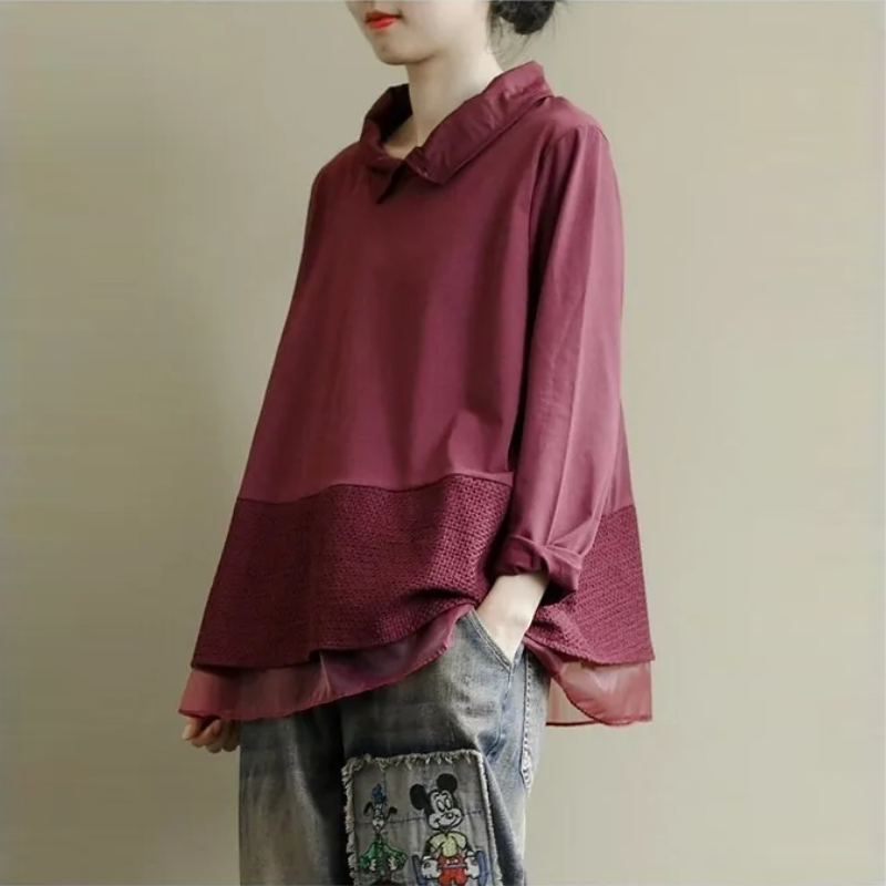 簡約．拼接蕾絲長袖上衣 寬鬆套頭襯衫