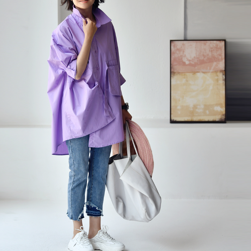 設計感長版襯衫 薰衣草紫 寬鬆顯瘦 前短後長 五分袖 大尺碼友善