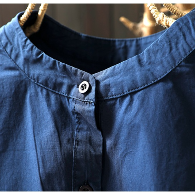 溫柔好感 撞色 拼接 立領 條紋 設計感 寬鬆 休閒 氣質 純棉 短袖 襯衫