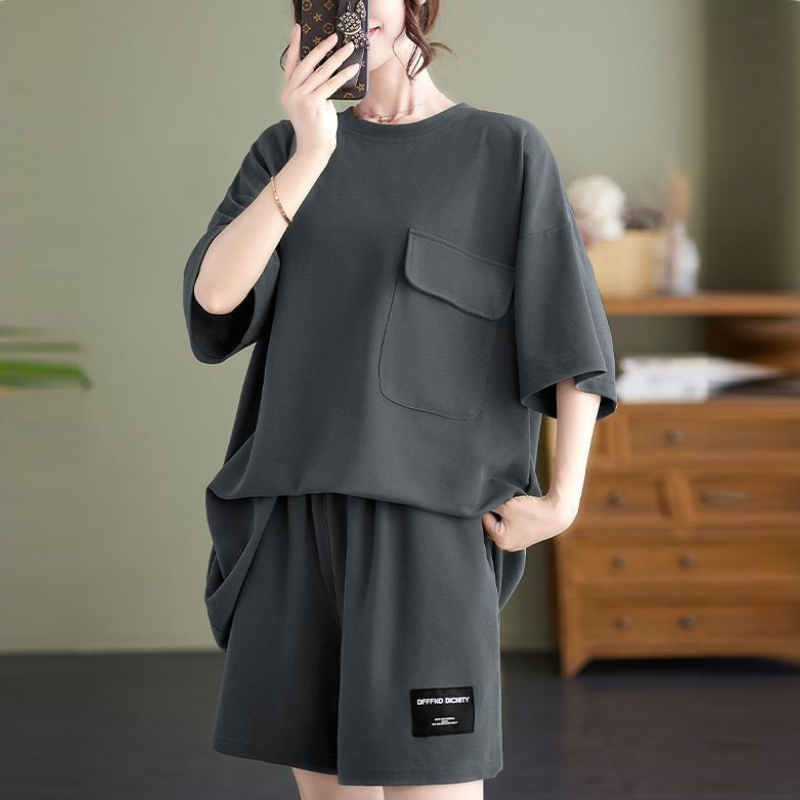大尺碼素色短袖短褲兩件套 寬鬆顯瘦休閒家居套裝