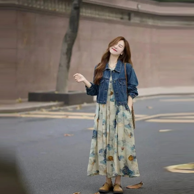 【單品可選】韓系溫柔穿搭 丹寧牛仔外套+復古印花背心洋裝兩件套組