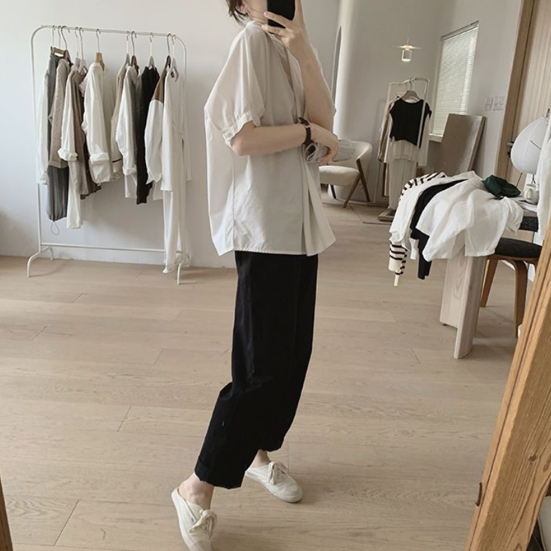 韓系chic 立領 壓褶 不規則 素面 簡約 襯衫