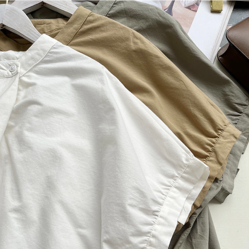 韓系chic 立領 壓褶 不規則 素面 簡約 襯衫