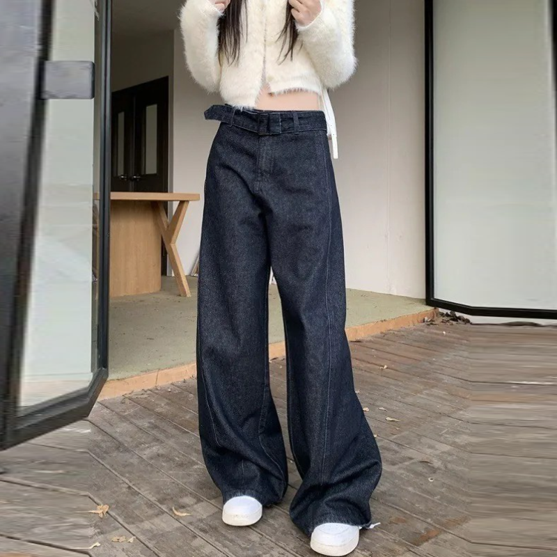 韓系 ‧ 復古腰帶設計感寬腿牛仔褲