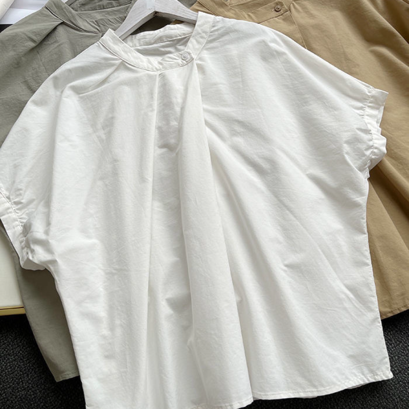 韓系chic 立領 壓褶 不規則 素面 簡約 襯衫