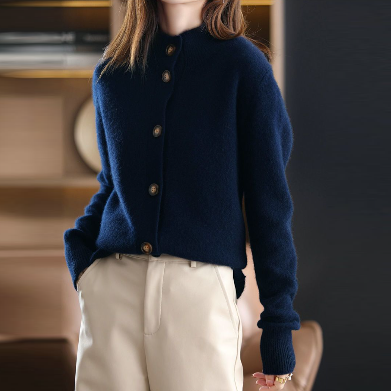 復古素色春秋針織立領開襟短版外套 寬鬆百搭款