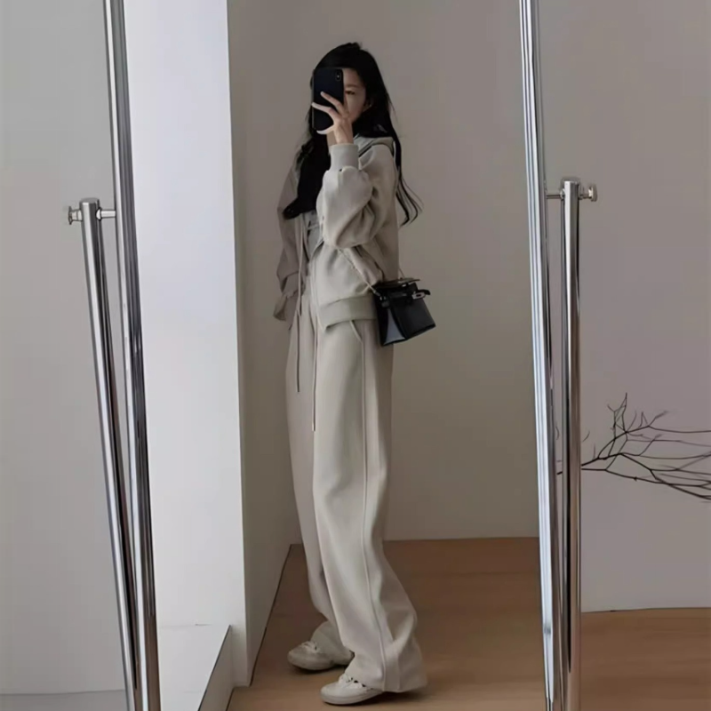 韓系·運動休閒套裝-連帽外套 鬆緊腰寬褲兩件組 簡約高級感穿搭