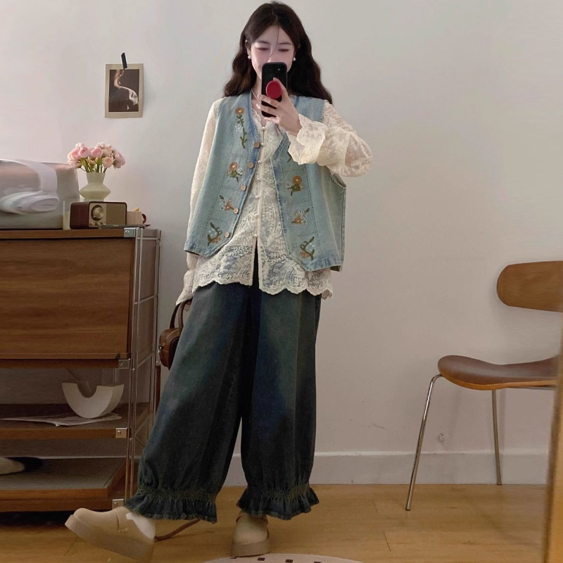 韓系復古三件式套裝 牛仔背心＋蕾絲襯衫＋寬鬆牛仔寬褲 成套穿搭 百搭有型