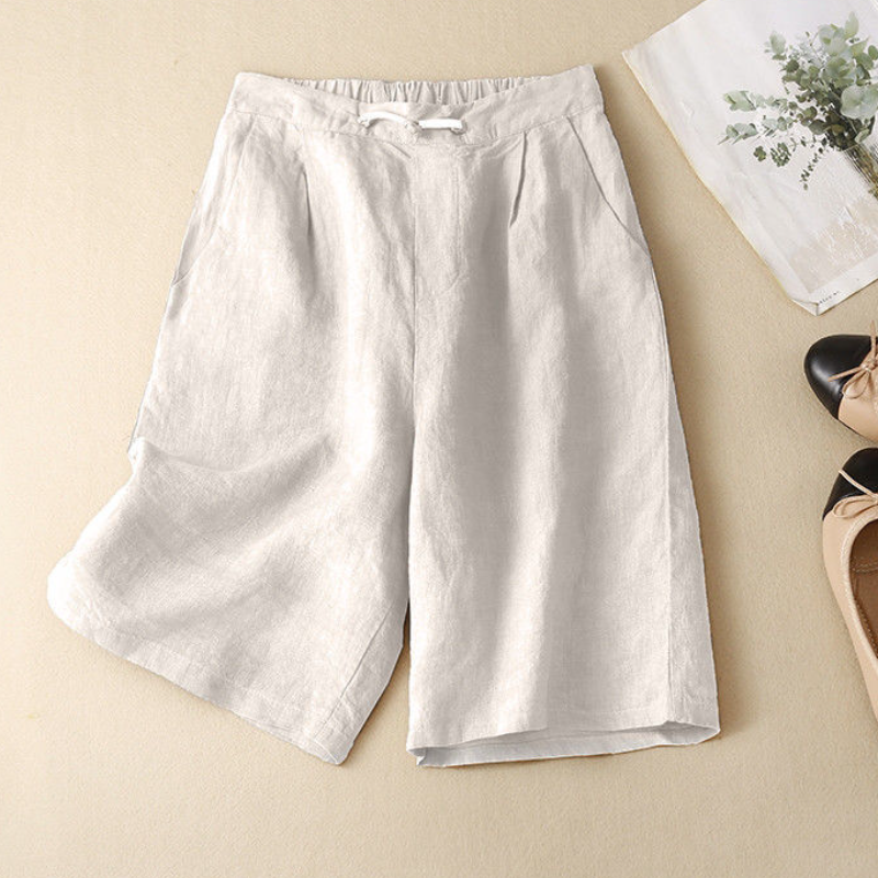 女棉麻五分中褲直筒休閒高腰亞麻寬腿短褲