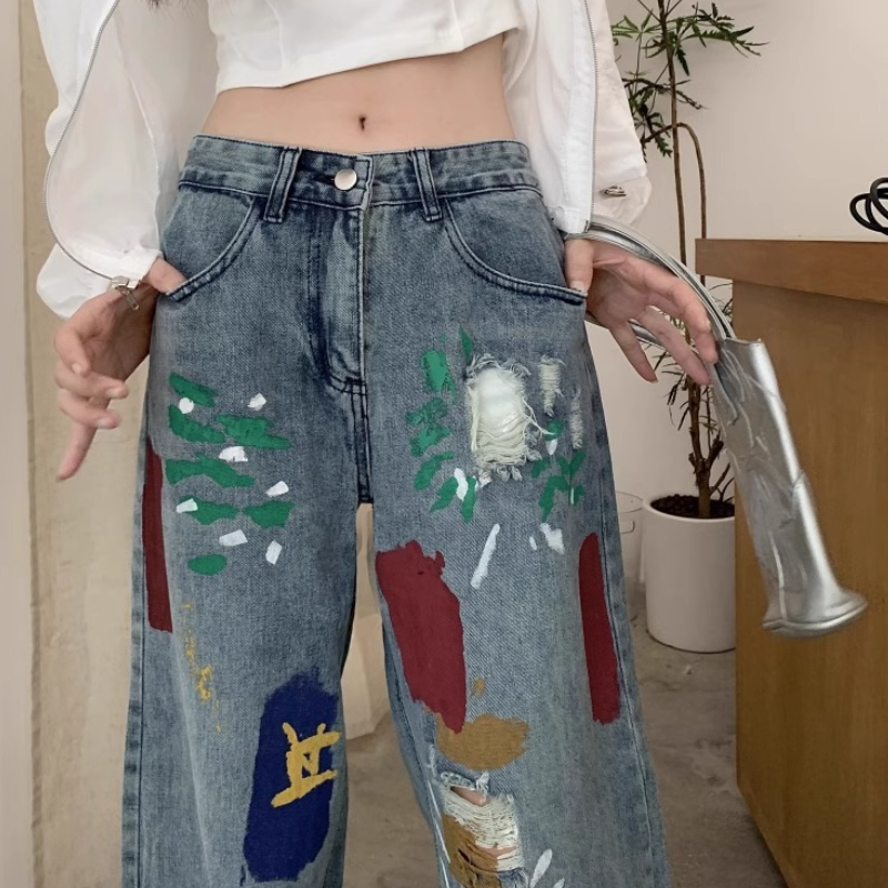 韓系 ‧ 彩色塗鴉牛仔長褲(中性風格男女可穿) 寬鬆破洞牛仔褲 高腰設計直筒寬褲