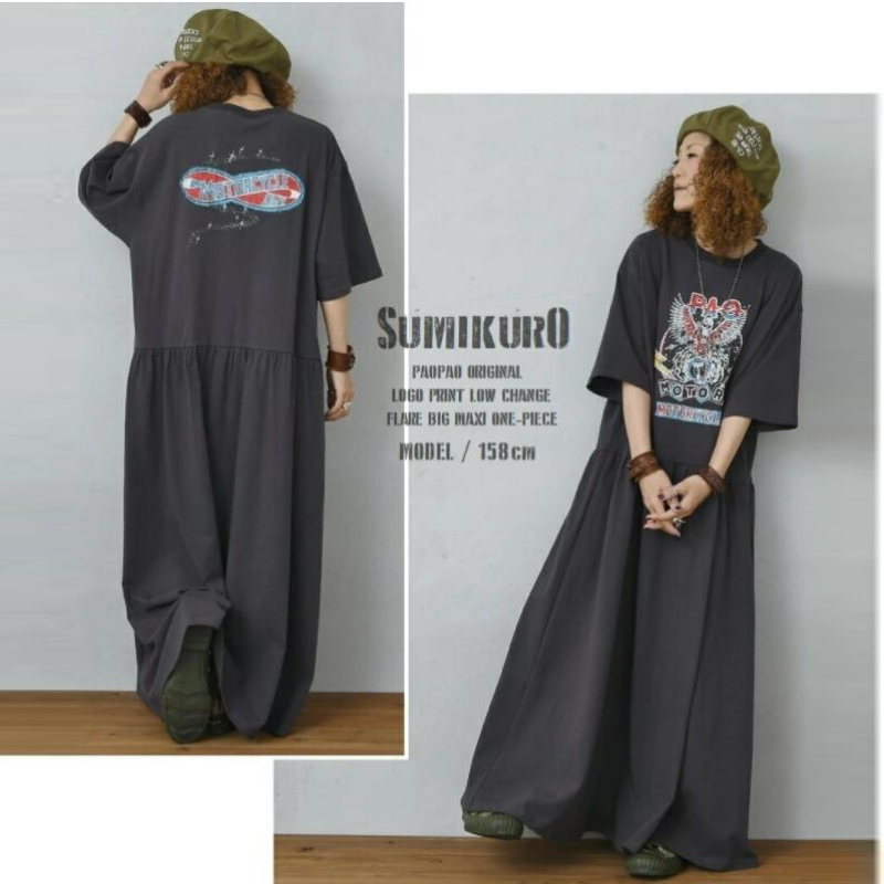 簡約．長版日式前後印花連身裙 短袖長裙