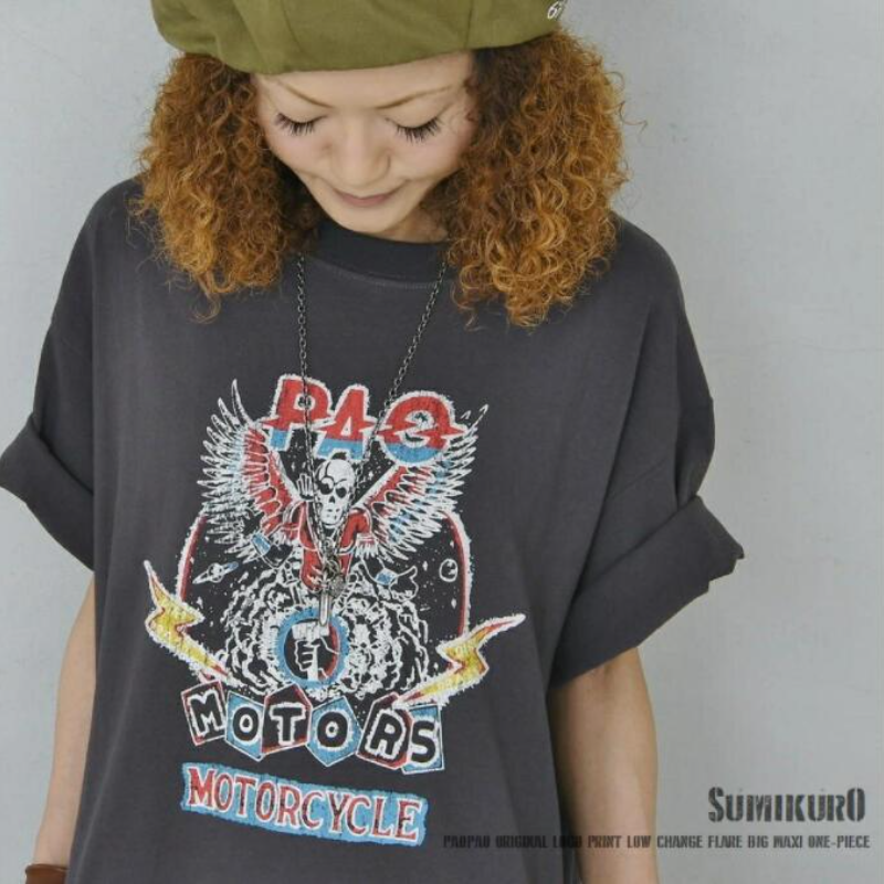 簡約．長版日式前後印花連身裙 短袖長裙