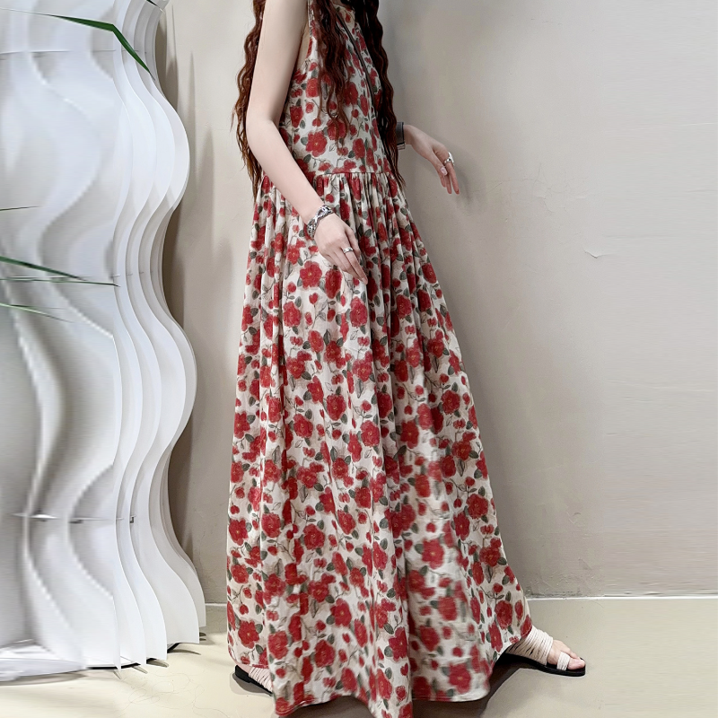 知性亮眼溫柔系花朵無袖背心長洋裝 小清新韓版約會出遊減齡元氣顯瘦長裙