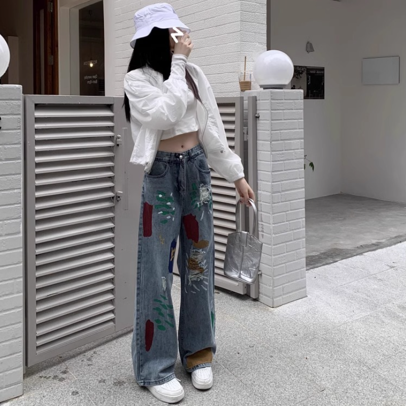韓系 ‧ 彩色塗鴉牛仔長褲(中性風格男女可穿) 寬鬆破洞牛仔褲 高腰設計直筒寬褲