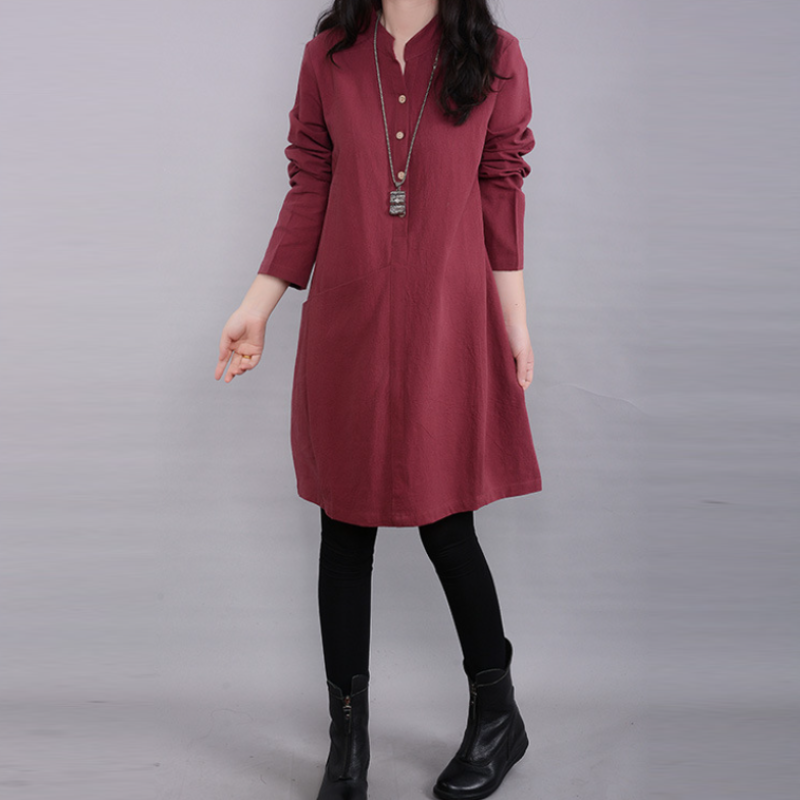 秋季韓版休閒立領寬鬆顯瘦長袖連身裙 大尺碼洋裝