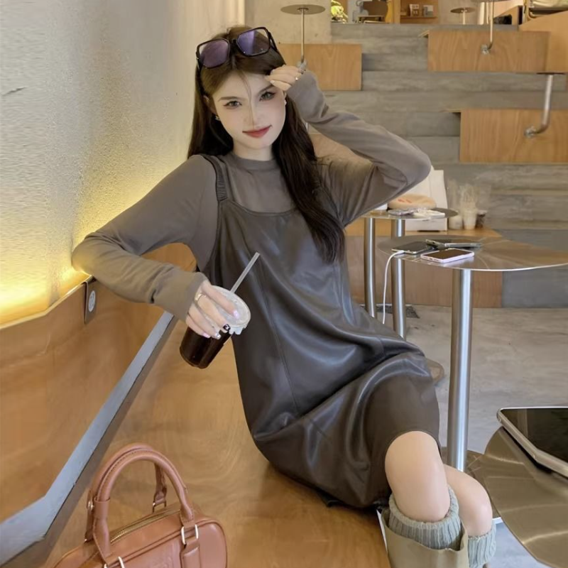 【整套】韓版秋季氣質皮質細肩短洋+高級感顯瘦薄上衣套裝*2色