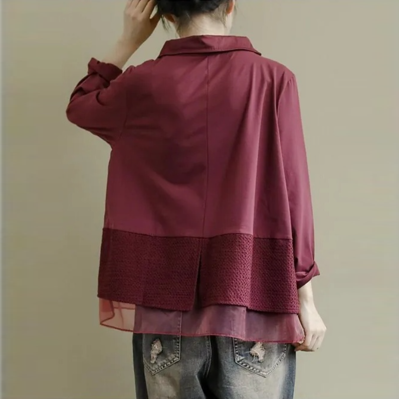 簡約．拼接蕾絲長袖上衣 寬鬆套頭襯衫