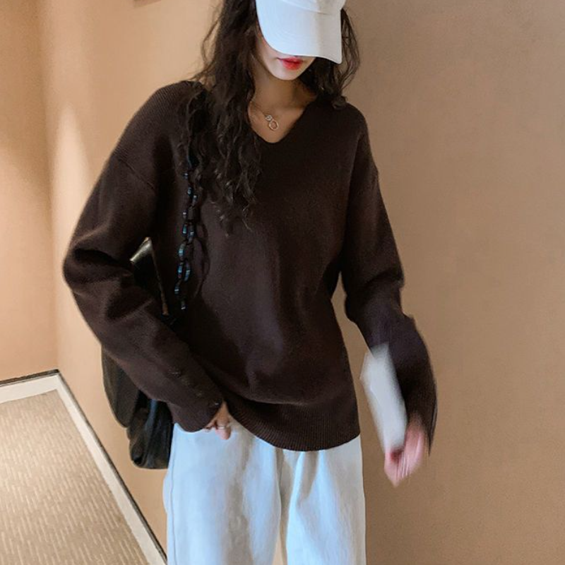 慵懶風 V 領針織上衣 寬鬆剪裁 秋冬百搭款