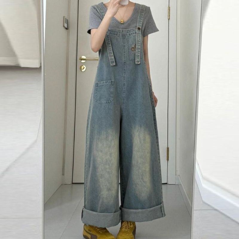 文青復古牛仔背帶褲 春夏逆齡鹽洗工藝牛仔寬褲 偽腰封高腰A字剪裁